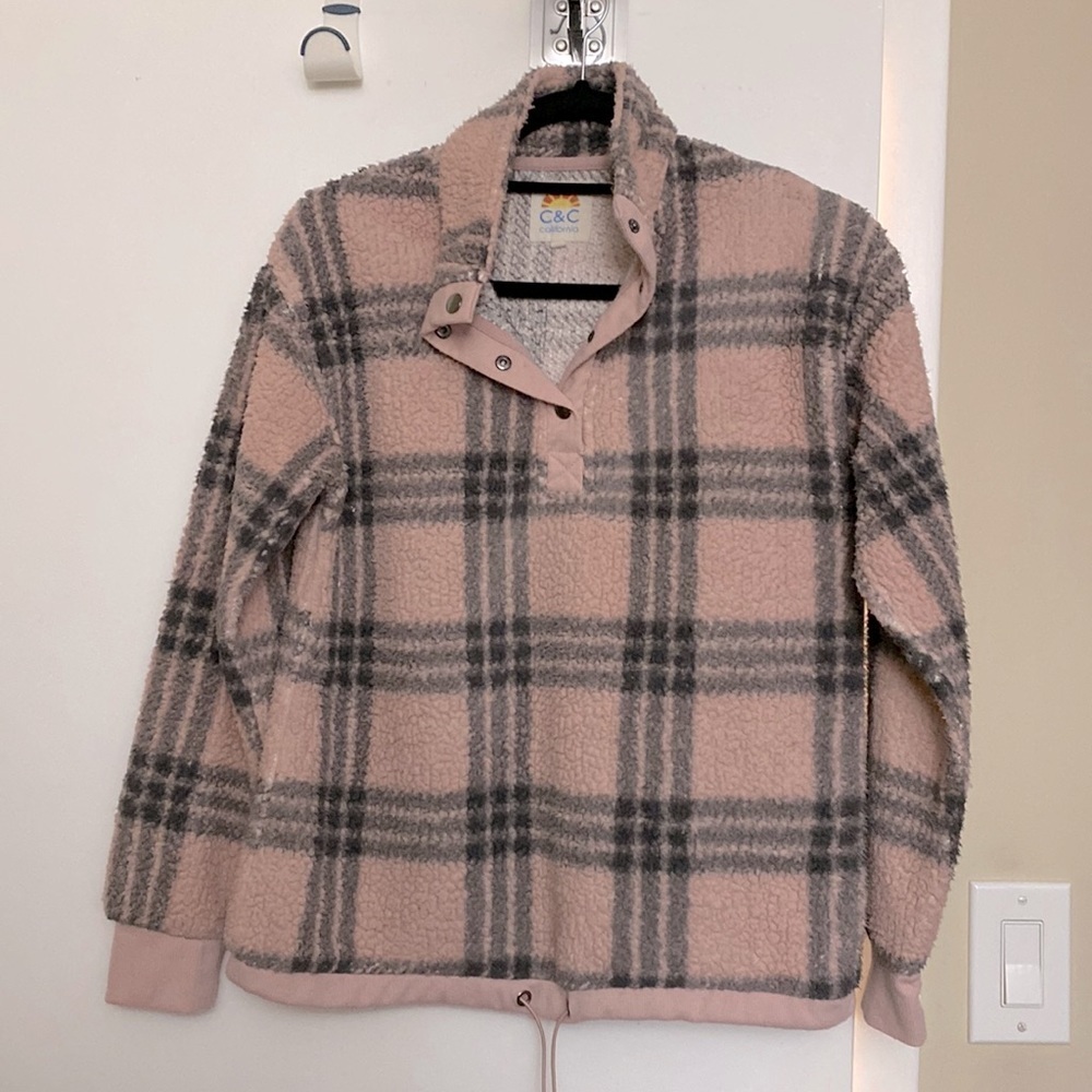 C & C California Pink and Gray Plaid Sherpa Pullover Small